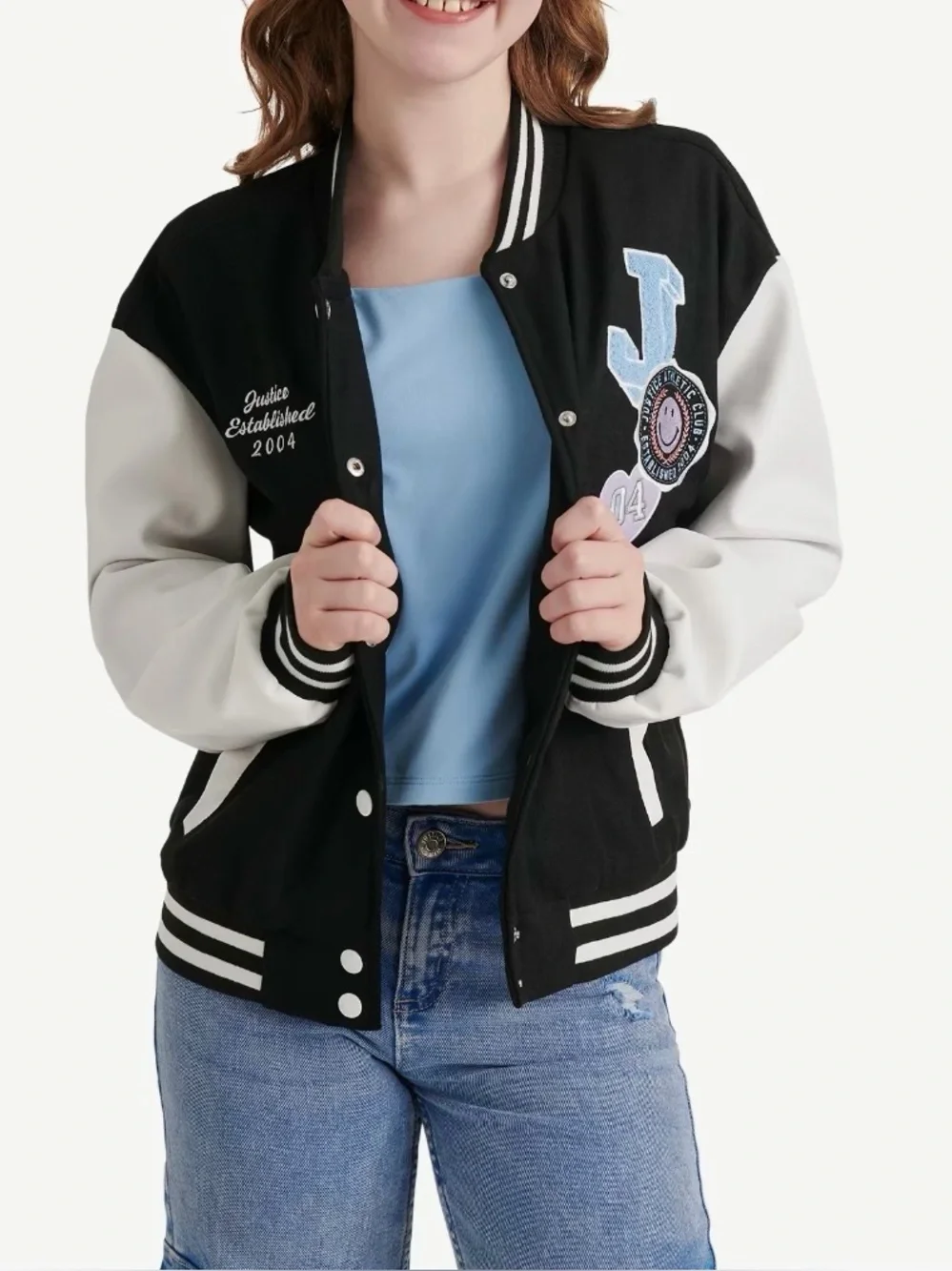 NWT - Justice Black and White Letterman Bomber Jacket with Patches